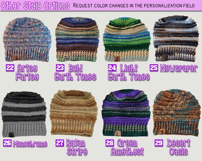This photo shows more style options.  22- artsy fartsy, 23- bold earth tones, 24- light earth tones, 25- newspaper, 26- monochrome, 27- ratan stripe, 28- green amethyst, 29- desert oasis. Shop keywords: Cute warm fall and winter toboggans.  patchwork beanies, rag beanies, turban style beanies, wrap beanies, bulb beanies, extra slouchy head wrap beanie, striped beanies, pattern beanies, great knit tams, baggy tams, turban beanies, chemo beanies, beanies for cancer, cancer caps, chemo cap hat