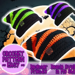 May include: Crochet pattern for an easy beginner beanie. The image shows three beanies in different colour combinations: black and green, black and purple, and black and orange. The text "Crochet Pattern ~ Easy ~" is displayed in a pink circle. The text "Beginner Beanie Available in My Shop!" is displayed in a pink rectangle.