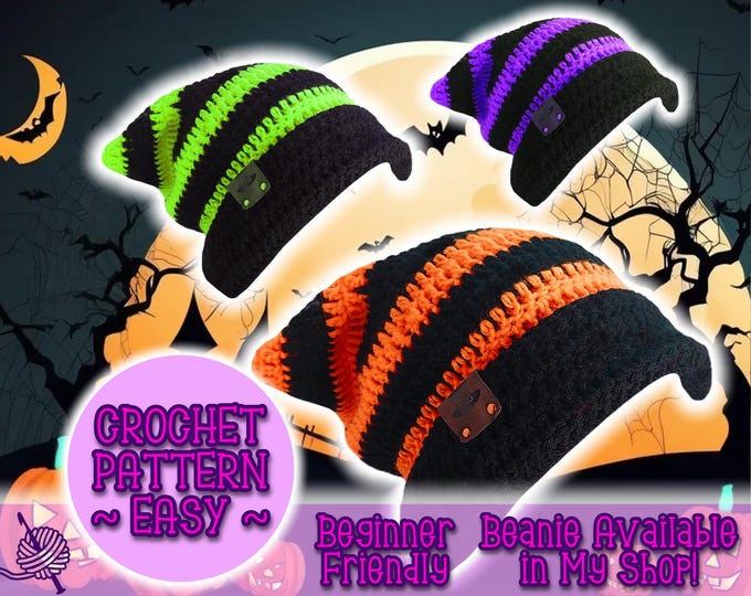 Featured listing image: Foldable Brim Striped Droopy Eared Slouch Beanie CROCHET PATTERN | Saggy Knit Cat Hat, Baggy Beanie, Long Stocking Cap, Plus Size Hats XL