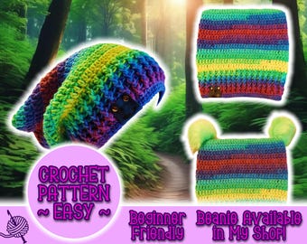 PATTERN Ribbed Brim Droopy Cat Eared Slouch Beanie, Striped BOHO RastaCap, Knit Hippie Beanie, Easy Beginner Crochet Pattern Under 5 Dollars