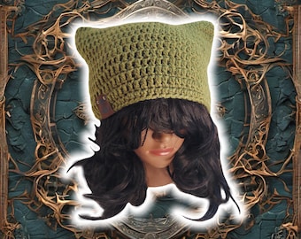 Custom Kitten Beanie, Lightweight Fitted Cat Eared Cap, Handmade Crochet, Knit Cat Eared Hat with Small Ears, Knit Summer Beanie, OLIVE HAT