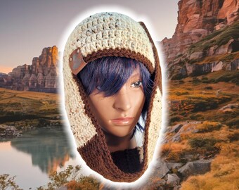 Headwrap Scarf Beanie, Hand Crocheted Buttoned Cowl, Custom Made Unisex Skully w Neck Warp, BOHO Hippy Knit Beanie, Flecked Cream w Coffee