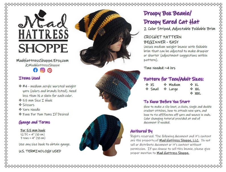 Striped Droopy Crochet Beanie Pattern: Easy Beginner DIY (digital ...
