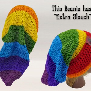 THIS IS AN EXAMPLE OF THE 7 CHAKRA BEANIE WITH EXTRA SLOUCH SHOWN FROM THE BACK AND SIDE.  IMAGE READS "THIS BEANIE HAS EXTRA SLOUCH"