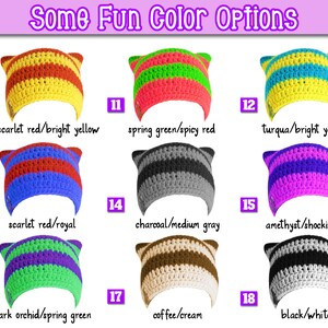 STRIPED CAT HATS. TRENDY FITTED CAT EARTED BEANIES FOR EVERYDAY WEAR.  RED AND YELLOW STRIPED. BLACK AND GRAY STRIPED CAT BEANIE. PURPLE AND PINK STRIPED CAT BEANI. COFFE AND CREAM CAT BEANIE. RED AND BLUE CAT BEANIE. GREAT FOR SUPPORTING YOUR FAVORITE SPORTS TEAM, SCHOOL COLORS, GOOD CAUSE,  OR JUST SPORT YOUR FAVORITE COLORS. GREAT AND FUN TO MATCH THESE CAT HATS WITH COLORFUL SHOES AND CLOTHING. RETRO STYLE BEANIES. GAMER BEANIES. SKATER BEANIE. SNOWBOARDING BEANIE. BEACH BEANIE. SNUG FIT HAT