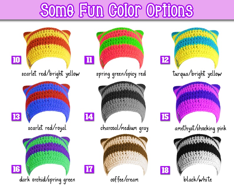 STRIPED CAT HATS. TRENDY FITTED CAT EARTED BEANIES FOR EVERYDAY WEAR.  RED AND YELLOW STRIPED. BLACK AND GRAY STRIPED CAT BEANIE. PURPLE AND PINK STRIPED CAT BEANI. COFFE AND CREAM CAT BEANIE. RED AND BLUE CAT BEANIE. GREAT FOR SUPPORTING YOUR FAVORITE SPORTS TEAM, SCHOOL COLORS, GOOD CAUSE,  OR JUST SPORT YOUR FAVORITE COLORS. GREAT AND FUN TO MATCH THESE CAT HATS WITH COLORFUL SHOES AND CLOTHING. RETRO STYLE BEANIES. GAMER BEANIES. SKATER BEANIE. SNOWBOARDING BEANIE. BEACH BEANIE. SNUG FIT HAT
