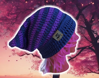 Striped Slouchy Pixie Beanie Foldable Brim- Custom Handmade Crocheted Knit Pointed Beanie, Retro Gaming Brim Toque, NAVY/PURPLE Wizard Hat