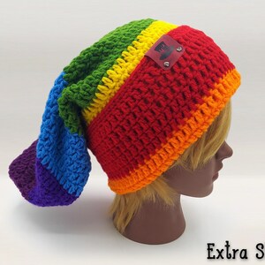 7 CHAKRAS INSPIRED COLORFUL BEANIE WITH EXTRA SLOUCH - pointed beanie with brim unfolded showing its long length and pixie shaped back part. Beanie can be adjusted to any height, slouch length, you can change the colors, the style, even change the brim type from foldable to ribbed.  make this beanie fit your style!  make general customizations free of charge!  Add pom poms, hand made embroidered patches, tassels, buttons, add your name, anything you want for your very own custom hat.