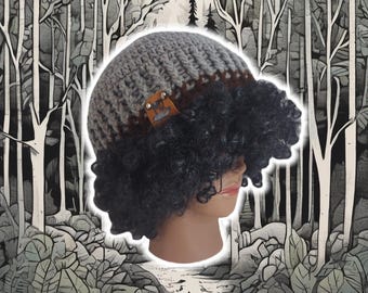 Custom Fitted Skull Cap, Large Ribbed Brim Hat, Rib-Knit Cuffed Toque, Handmade Crochet, Unisex BOHO Hiking Snowboarding Beanie, GRAY BROWN
