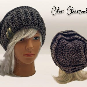 THIS IMAGE SHOWS THE FRONT AND BACK VIEW OF THIS BAGGY BEANIE.  ATTENTIONT TO DETAIL WHEN HAND CROCHETING.  TO ORDER THIS BEANIE SELECT THE CHARCOAL OPTION.  OR USE THE PERSONALIZATION FIELD TO REQUEST ANY COLORS YOU WISH. #BOHO BEANIES #TRENDY BEANIES #BEST SELLING BEANIES #BEEHIVE BEANIES #BIG FULL COZY BEANIES #LAYER BEANIES #CUSTOM HANDMADE TAMS #WOOL KNIT BEANIES #UNIQUE HATS #HANDMADE KNITTED HATS