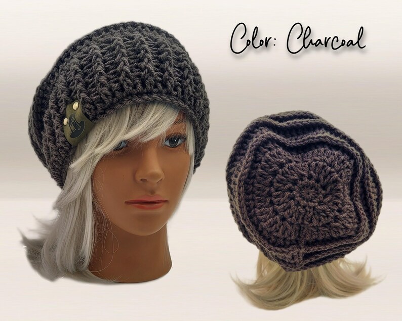 THIS IMAGE SHOWS THE FRONT AND BACK VIEW OF THIS BAGGY BEANIE.  ATTENTIONT TO DETAIL WHEN HAND CROCHETING.  TO ORDER THIS BEANIE SELECT THE CHARCOAL OPTION.  OR USE THE PERSONALIZATION FIELD TO REQUEST ANY COLORS YOU WISH. #BOHO BEANIES #TRENDY BEANIES #BEST SELLING BEANIES #BEEHIVE BEANIES #BIG FULL COZY BEANIES #LAYER BEANIES #CUSTOM HANDMADE TAMS #WOOL KNIT BEANIES #UNIQUE HATS #HANDMADE KNITTED HATS