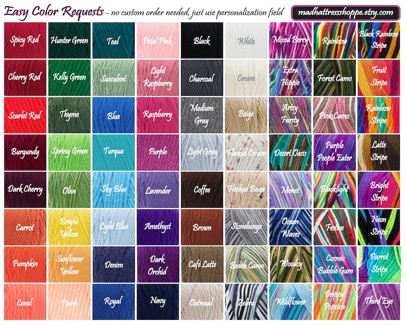 This image shows a collection of yarn colors you can request for your custom slouch beanie. Choose any color or color combination and write it in the personalization field.   If you cannot read the color option, feel free to message me and tell me what colors you are thinking about. I will be happy to help make the style you want for your new beanie!  #custom colored beanie #unqiue yarn beanies #colorful fun beanies #striped patterned beanies #knit trawler beanie #knit toboggan #monmouth cap hat