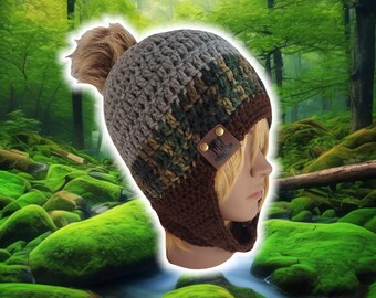 Fitted Ear Flap Beanie w Button, Trapper Hat, Aviator Cap, Sherpa Beanie, Laplander Chullo Hat, Custom Handmade Crochet, Unisex GRAY CAMO