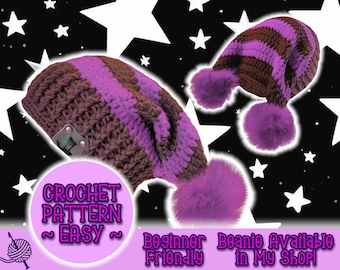 PATTERN Ribbed Brim Droopy Cat Eared Slouch Beanie, Striped Jester Beanie, Knit Hippie Beanie, Easy Beginner Crochet Pattern Under 5 Dollars