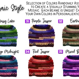 This photo shows beanie style options in MOSAIC STYLE.  Mosaic style for me means a selection of colors randomly assorted to create a visually stunning yarn mosaic.  Each beanie is made unique.  Choose your own color combination in the personalization field or choose from these six styles.  30- mossy lake, 31- purple jasper, 32- earthy, 33- Tokyo midnight, 34- red jasper, 35- mixed berry.  #abstract art #marbled beanie #mosaic beanie #colorful hipster beanie #hippy style beanie #boho bum beanie