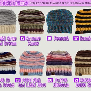 This photo shows some style options for this beanie. You can request any style you want, these are just some suggestions. 14- light gray and cream, 15- grungy xmas, 16- peacock, 17- bumblebee, 18- ode to gym socks, 19- petal pink and light blue, 20- purple blossom, 21- coffee and beige stripes.  These numbers are used to order the correct beanie when selecting your style choice #striped slouch beanies #mod beanies #knit bum beanies #knit boho beanies #rasta caps #beanies for large hair #locs hat