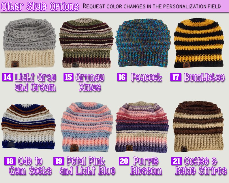 This photo shows some style options for this beanie. You can request any style you want, these are just some suggestions. 14- light gray and cream, 15- grungy xmas, 16- peacock, 17- bumblebee, 18- ode to gym socks, 19- petal pink and light blue, 20- purple blossom, 21- coffee and beige stripes.  These numbers are used to order the correct beanie when selecting your style choice #striped slouch beanies #mod beanies #knit bum beanies #knit boho beanies #rasta caps #beanies for large hair #locs hat