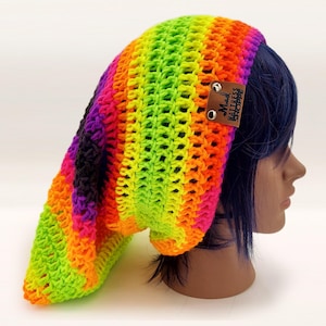 Neon Slouchy Cat Hat, Custom Slouch Beanie, Hand Crocheted Knit Rave Hat, Jester Beanie, UNISEX Hippie BOHO Psychedelic Hat Folded Brim