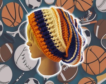 Slouchy Beehive Bonnet Beanie, Custom Made Crochet Unisex Knit Boho Beanie, Textured Ribbed Sports Team Beanie, XL Hippy Brimmed, VARSITY