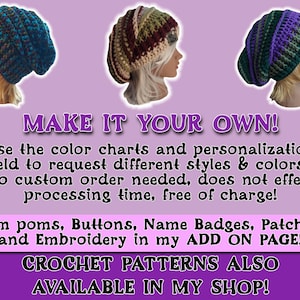 This photo shows how to customize your beanie to make it the style you want.  It reads: use the color charts and personalization field to request different colors.  No custom order needed, custom orders do not effect processing time, quick response time.  Image shows three different colors of beanies.  Feel free to contact me if you want to discuss customizations.  #customizable beanies #hand crocheted personalizable beanies #great gifts for friends #sports team beanies #change colors beanies