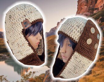 Headwrap Scarf Beanie, Hand Crocheted Buttoned Cowl, Custom Made Unisex Skully w Neck Warp, BOHO Hippy Knit Beanie, Flecked Cream w Coffee