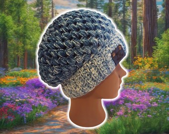Slouchy Puff Stitch Beanie, Custom Made Handmade Crochet, BOHO Hippy Unisex Beanie, Knit Crochet Tam, Free Customization, FADED DENIM Beanie