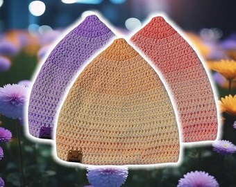 Slouchy Pixie Beanie Foldable Brim- Custom Made Hand Crocheted Cap, Everyday Knit Pointed Beanie, Lightweight Brimmed Toque Tam, CORAL OMBRE