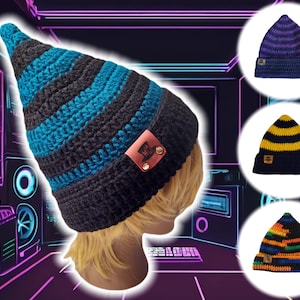 May include: A collection of four striped knit hats. The hats are in various colors, including blue, purple, yellow, and orange. Each hat has a small leather patch with a logo on it.