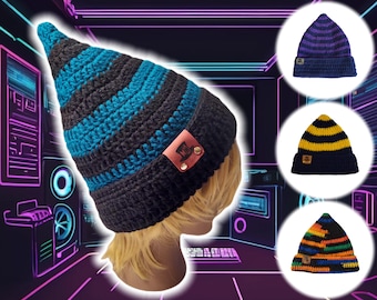 Pointed Wizard Beanie - Slouchy Pixie Beanie Foldable Brim- Custom Made Hand Crocheted Cap, Striped Knit Retro Gaming Brim Hat, BLACK/TEAL