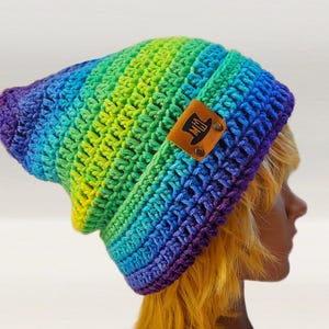 Slouchy Pixie Beanie Foldable Brim, Custom Handmade Crocheted Cap, Casual Knit Pointed Beanie, Faded Ombre Toque, PARROT STRIPE Yoga Beanie