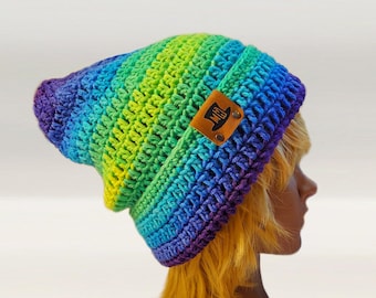 Slouchy Pixie Beanie Foldable Brim, Custom Handmade Crocheted Cap, Casual Knit Pointed Beanie, Faded Ombre Toque, PARROT STRIPE Yoga Beanie