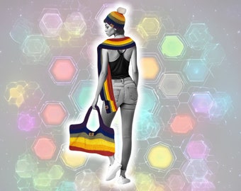 Rainbow Stripe Set, Knit Hat Scarf Handbag Set, XL Knit Hippie Scarf Beanie Tote, Handmade Crochet Set, Knit Customizable BOHO Chic Bookbag