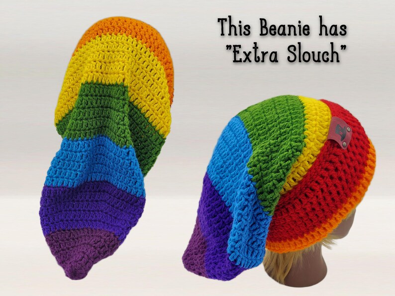 THIS IS AN EXAMPLE OF THE 7 CHAKRA BEANIE WITH EXTRA SLOUCH SHOWN FROM THE BACK AND SIDE.  IMAGE READS "THIS BEANIE HAS EXTRA SLOUCH"