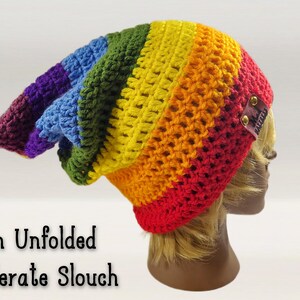 "brim unfolded - moderate slouch" - pointed beanie is shown from the side with its brim unfolded showing its long length and pixie shaped back part. Beanie can be adjusted to any height, slouch length, you can change the colors, the style, even change the brim type from foldable to ribbed.  make this beanie fit your style!  make general customizations free of charge!  Add pom poms, hand made embroidered patches, tassels, buttons, add your name, anything you want for your very own custom hat.