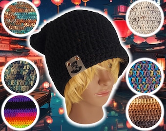 Droopy Box Beanie, Custom Slouch Cat Eared Beanie, Hand Crocheted Knit Tam, Baggy Stocking Cap, Brimmed Jester Beanie, Cuff Unisex Hat BLACK