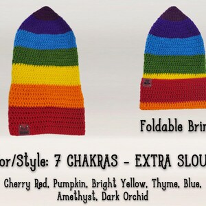 IMAGE SHOWS HAT LAID FLAT WITH BRIM FOLDED AND UNFOLDED
IMAGE READS: "FOLDABLE BRIM"
"COLOR/STYLE: 7 CHAKRAS - EXTRA SLOUCH, Cherry Red, Pumpkin, Bright Yellow, Thyme, Blue, Amethyst, Dark Orchid