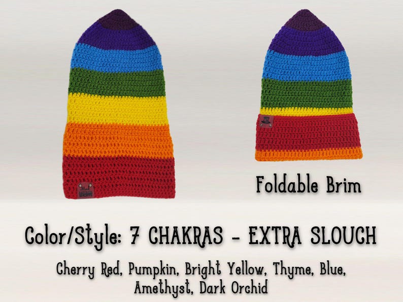 IMAGE SHOWS HAT LAID FLAT WITH BRIM FOLDED AND UNFOLDED
IMAGE READS: "FOLDABLE BRIM"
"COLOR/STYLE: 7 CHAKRAS - EXTRA SLOUCH, Cherry Red, Pumpkin, Bright Yellow, Thyme, Blue, Amethyst, Dark Orchid