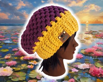 Slouchy Puff Stitch Beanie, Custom Made Handmade Crochet, BOHO Hippy Unisex Beanie, Knit Crochet Tam, Free Customizations, PURPLE/YELLOW Cap