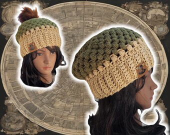 Slouchy Puff Stitch Beanie, Custom Made Handmade Crochet, BOHO Hippy Unisex Beanie, Knit Crochet Tam, Free Customization, OLIVE/BEIGE Beanie