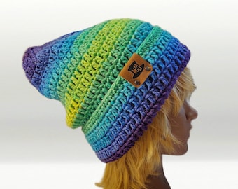 Slouchy Pixie Beanie Foldable Brim, Custom Handmade Crocheted Cap, Casual Knit Pointed Beanie, Faded Ombre Toque, PARROT STRIPE Yoga Beanie