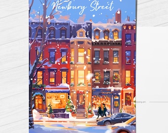 Postal de la calle Newbury de Boston, postal de invierno de Boston, Navidad en Boston