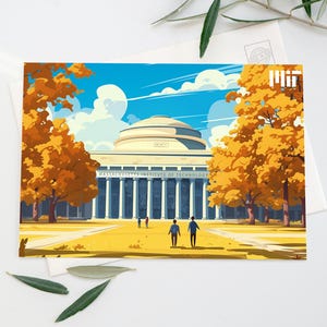 May include: A colorful illustration of the Massachusetts Institute of Technology (MIT) campus in Cambridge, Massachusetts. The iconic dome of the Kresge Auditorium is visible in the center of the image, surrounded by trees with yellow leaves. The text "MIT" is displayed in white letters on a blue background in the upper right corner of the image.