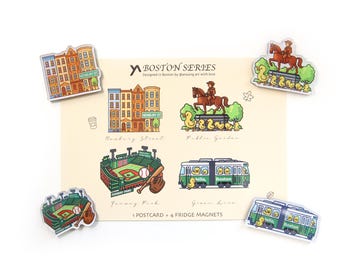 Set de regalo de postal e imán de Boston – Imanes de Boston. Regalo de Boston, Fenway Park, Línea Verde MBTA, Calle Newbury, Abran paso a los patitos