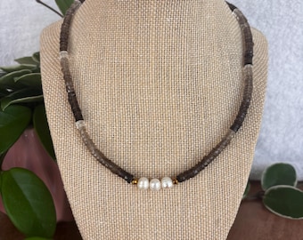 Smoky Quartz and Pearls choker necklace, gemstone and pearl choker necklace, birthday gift