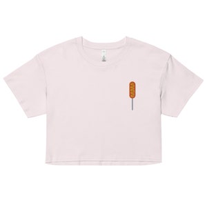 Embroidered Corn dog with mustard crop top t shirt
