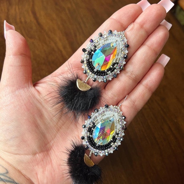 Black beaded earrings with mink fur drops indigenous Native American beadwork beaded earrings authentic