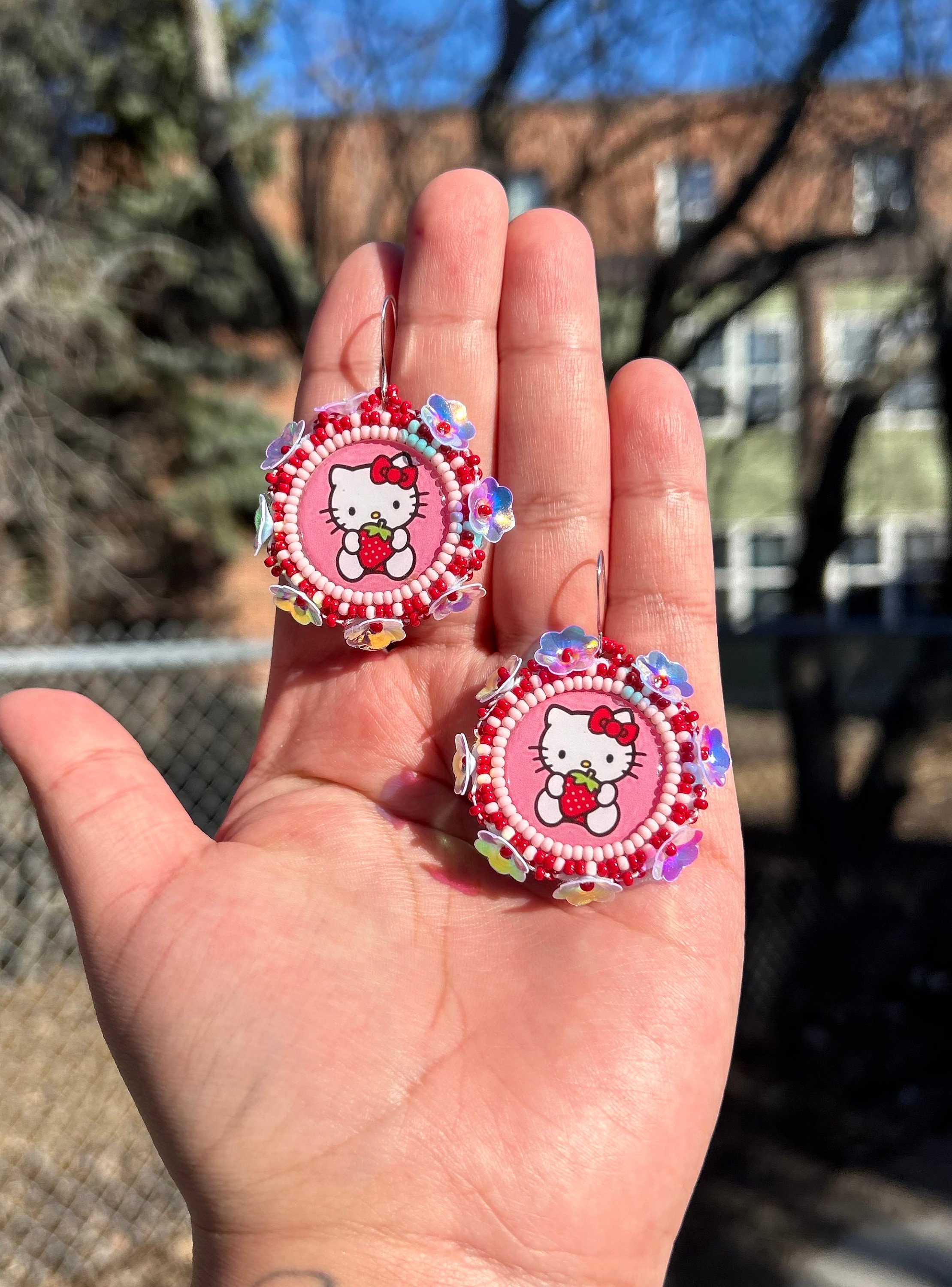 Hello Kitty Beaded Earrings Native American Handmade Beadwork