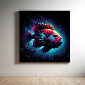 Neon Deep Sea Creature Print, Psychedelic Fish Wall Art, Trippy Underwater Poster, Dark Fantasy Sea Art