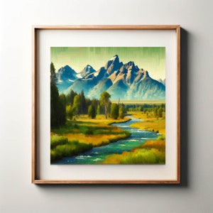 Grand Teton National Park Digitaler Kunstdruck, Berglandschaft Wandkunst, rustikales Naturdekor