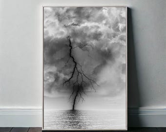 Black Lightning Storm Print: Moody Gothic Ocean Photography (Digital Download)